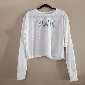 Rae Dunn White Camo Mesh Namaste Print Long Sleeve Crop Top Size L